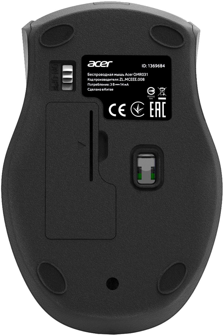 Мышь Acer OMR031 черный/синий оптическая 1600dpi беспров. USB 4but (ZL.MCEEE.008)
