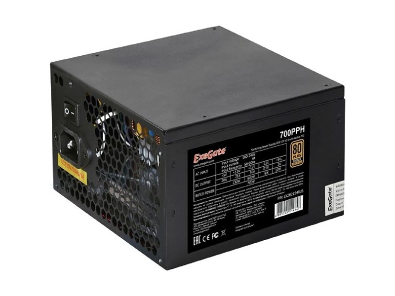 Exegate EX282154RUS Блок питания 700W ExeGate 80 PLUS® Bronze 700PPH (ATX, APFC, КПД 89% (80 PLUS Bronze), 12cm fan, 24pin, (4+4)pin, PCIe, 5xSATA, 3xIDE, black, Color Box)