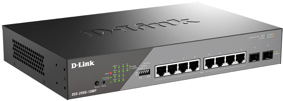 Коммутатор D-Link DSS-200G-10MP/A1A (L2) 8x1Гбит/с 2SFP 8PoE+ 130W настраиваемый