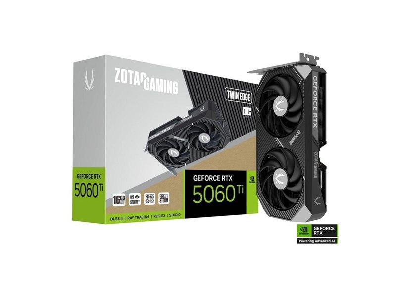 Видеокарта ZOTAC GAMING GeForce RTX 5060 Ti Twin Edge OC 16Gb DDR7 128 bit  2407/2602 MHz  3*DP/HDMI  2*FAN (ZT-B50620H-10M) RTL