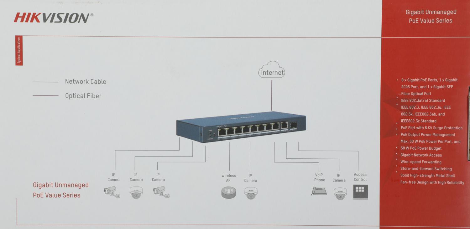 Коммутатор Hikvision DS-3E0510P-E/M(B) 9x1Гбит/с 1SFP 8PoE 58W неуправляемый