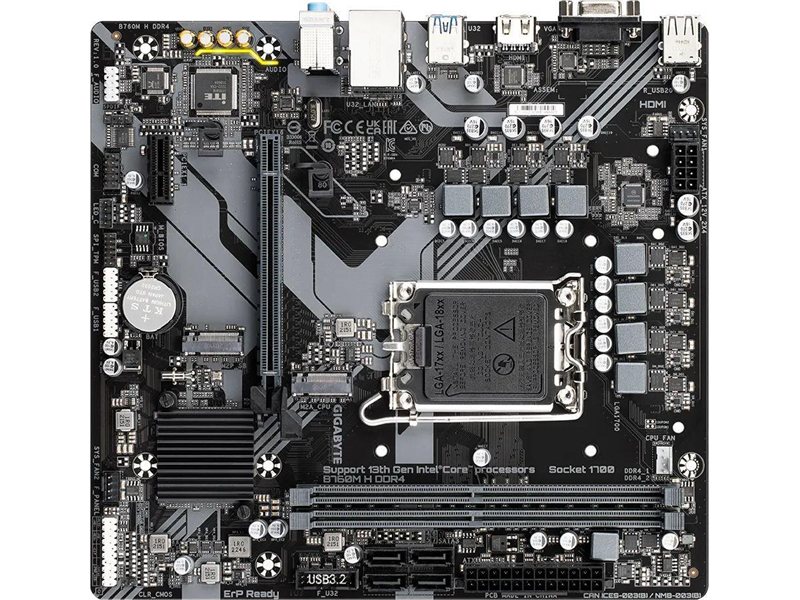 Материнская плата/ MB GIGABYTE INTEL B760 s1700, 2xDDR4(64GB), D-SUB/HDMI 2.1, 1xPCIe 4.0x16, 1xPCIe 3.0, 1xLAN, 4xSATA 6Gb/s, 2xM.2, 4xUSB 3.2, 2xUSB 2.0, mATX