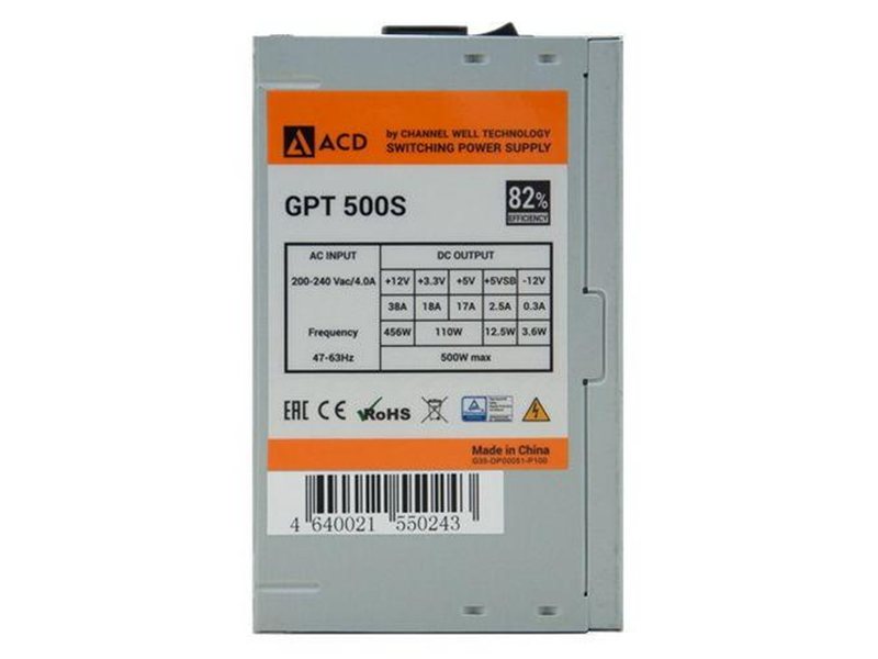 Блок питания ACD GPT500S (GPT-500S) 500W, 82% (max 85%), 120mm FAN, PCIE 6+2PIN*1, OEM {10}