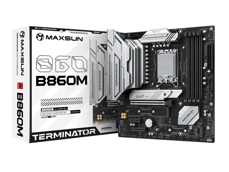 Материнская плата MAXSUN MS-Terminator B860M, LGA1851, B860, 4*DDR5, 4*SATA3, 3*M.2, USB 3.2, USB 2.0, Type-C, 1*PCIEx16, 1*PCIex4, 1*PCIex1, HDMI+DP, mATX