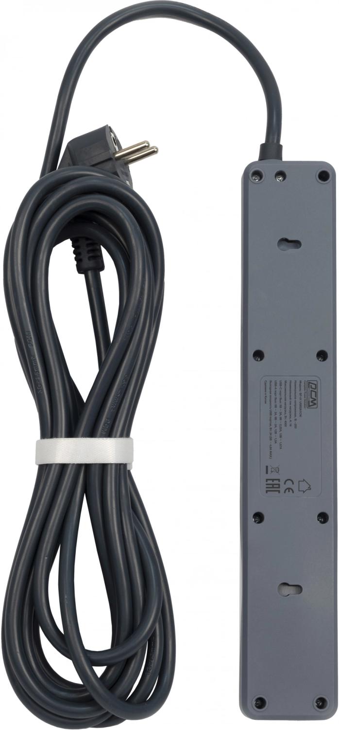 Сетевой фильтр Powercom SP-01 USB2A1CW 3,0М 3.0м (4 розетки) белый/серый (коробка)