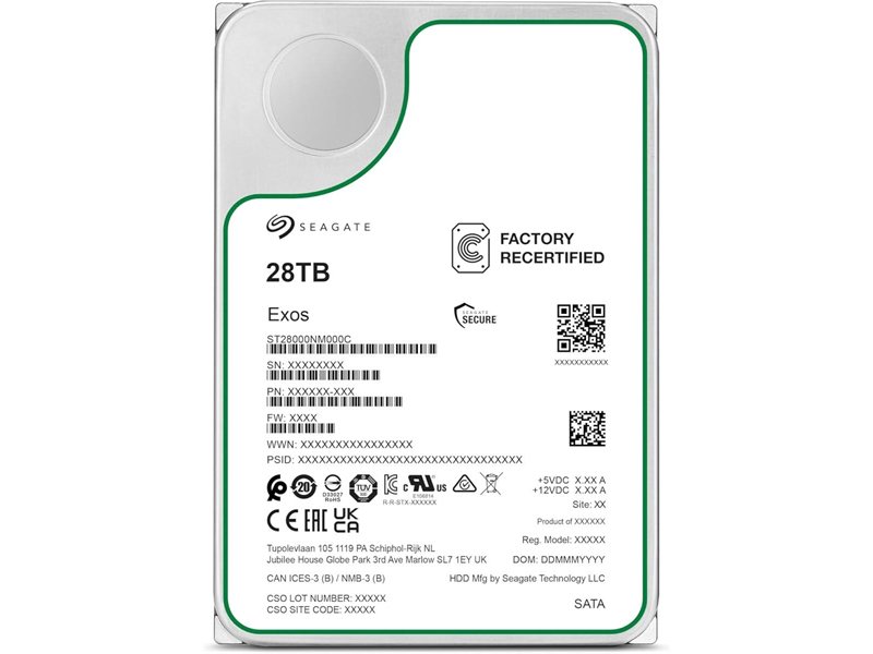 Жесткий диск/ HDD Seagate SATA 28Tb 7200 Exos 6Gb/s 512Mb OFFICIAL RECERTIFIED MTBF - 2.5M hrs 1 year warranty (replacement ST26000NM000C, ST28000NM003K)