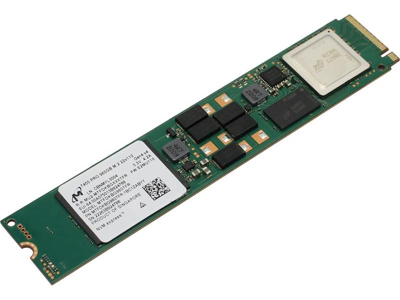 Серверные твердотельные накопители/ Micron SSD 7450 PRO, 960GB, M.2(22x110mm), NVMe, PCIe 4.0 x4, 3D TLC, R/W 5000/1400MB/s, IOPs 520 000/82 000, TBW 1700, DWPD 1 (12 мес.)