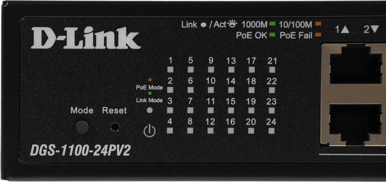 Коммутатор D-Link DGS-1100-24PV2/A DGS-1100-24PV2/A3A (L2) 24x1Гбит/с 12PoE+ 100W управляемый