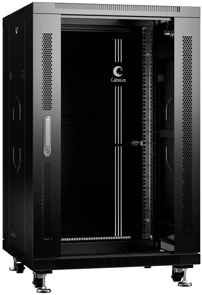 Шкаф коммутационный Cabeus (SH-05C-18U60/60-BK) напольный 12U 600x600мм пер.дв.стекл металл 800кг черный 500мм 220град. 988мм IP20 сталь