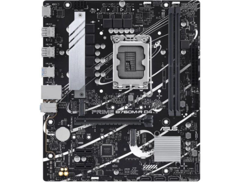 ASUS PRIME B760M-R D4 (Socket 1700, mATX, 2xDDR4(64GB), HDMI 2.1, 1xPCIe 4.0x16/2xPCIe 4.0 x1 , 1xLAN (2.5GbE), 4xSATA 6Gb/s, 2xM.2, 4xUSB 3.2, 4xUSB 2.0)