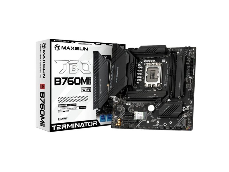 MAXSUN MS-Terminator B760M GKD5 WIFI (Socket 1700, mATX, 2*DDR5(96Gb), DP/HDMI, 4*SATA3, 3*M.2, 1xPCI-Ex16/1*PCIEx4/1*PCIEx1, 6*USB 2.0, 2*USB 3.2, LAN 1*2.5G, Wi-Fi 6, RTL)