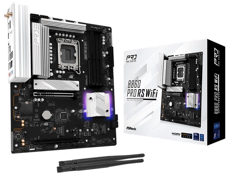 Материнская плата ASROCK B860 PRO RS WIFI, LGA1851, B860, 4*DDR5, 4*SATA, 4*M.2, 6*USB 3.2, 2*USB 2.0, Type-C, 2*PCIx16, 1*M.2 (Key E), HDMI+DP, ATX