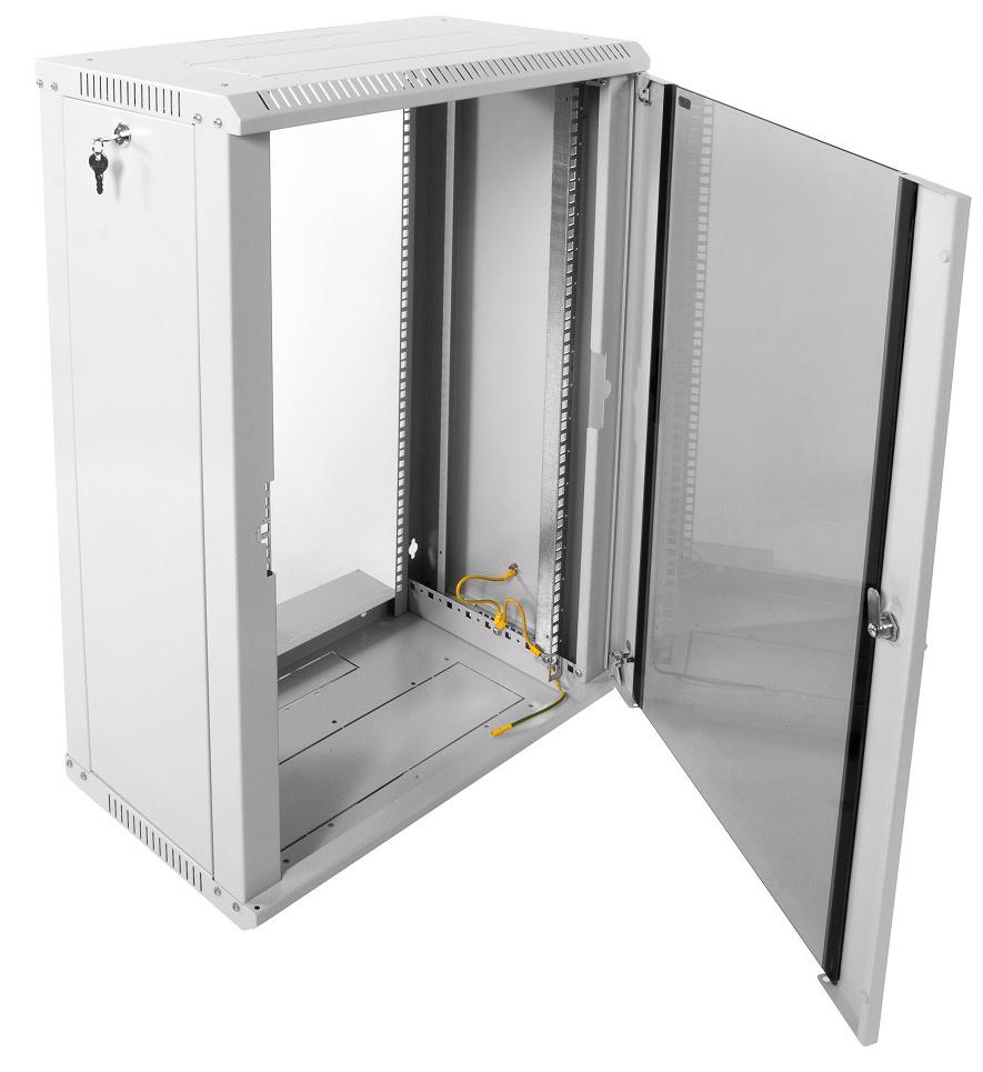 Шкаф коммутационный ЦМО ШРН-ЭКОНОМ (ШРН-Э-18.350) настенный 18U 600x350мм пер.дв.стекл направл.под закл.гайки 85кг серый 300мм 22.14кг 180град. 878мм IP20 сталь