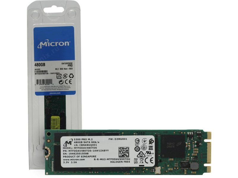 Твердотельный накопитель Micron 5300PRO 480GB SATA M.2(22x80mm) 3D TLC R540/W410MB/s MTTF 3М 85000/36000 IOPS 1324TBW SSD Enterprise Solid State Drive, 1 year, OEM