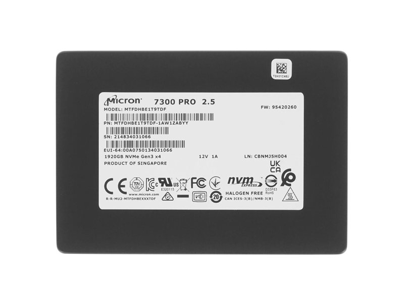 Жесткий диск SSD Micron «2.5» U.2 1920GB Micron 7300 PRO Enterprise SSD MTFDHBE1T9TDF-1AW1ZABYY NVME, 3000/1550, IOPS» MTFDHBE1T9TDF-1AW1ZABYY 396/55K, MTTF 2M, 3D TLC, 512e, 4200TBW, 1.2DWPD