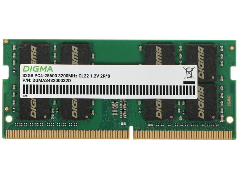 Память DDR4 32GB 3200MHz Digma DGMAS43200032D RTL PC4-25600 CL22 SO-DIMM 260-pin 1.2В dual rank Ret