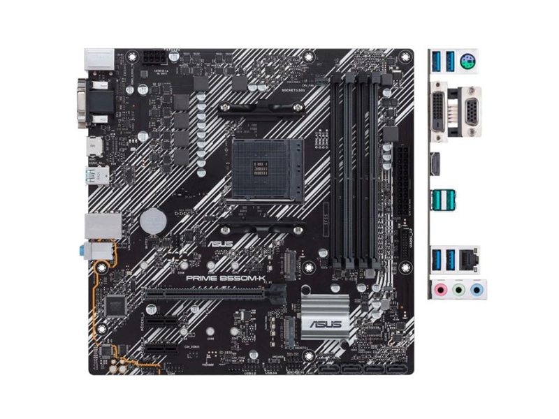 ASUS PRIME B550M-K (Socket AM4, mATX, 4xDDR4(128GB), VGA/DVI/HDMI, 1xPCIe 4.0x16/2xPCIe 3.0, 1xLAN, 4xSATA 6Gb/s, 2xM.2, 6xUSB 3.2, 1xPS/2)