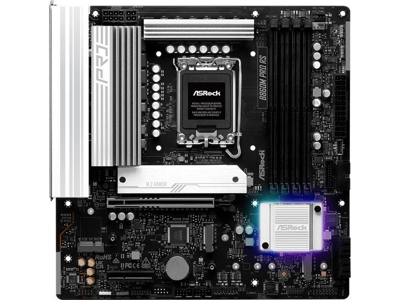 Материнская плата ASROCK B860M PRO RS, LGA1851, B860, 4*DDR5, 4*SATA, 4*M.2, 6*USB 3.2, 2*USB 2.0, Type-C, 2*PCIx16, 1*M.2 (Key E), HDMI+DP, mATX