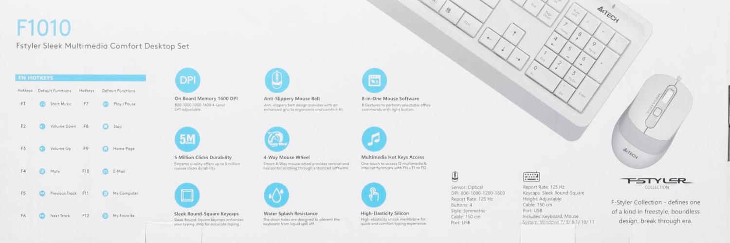 Клавиатура + мышь A4Tech Fstyler F1010 клав:белый/серый мышь:белый/серый USB Multimedia (F1010 WHITE)