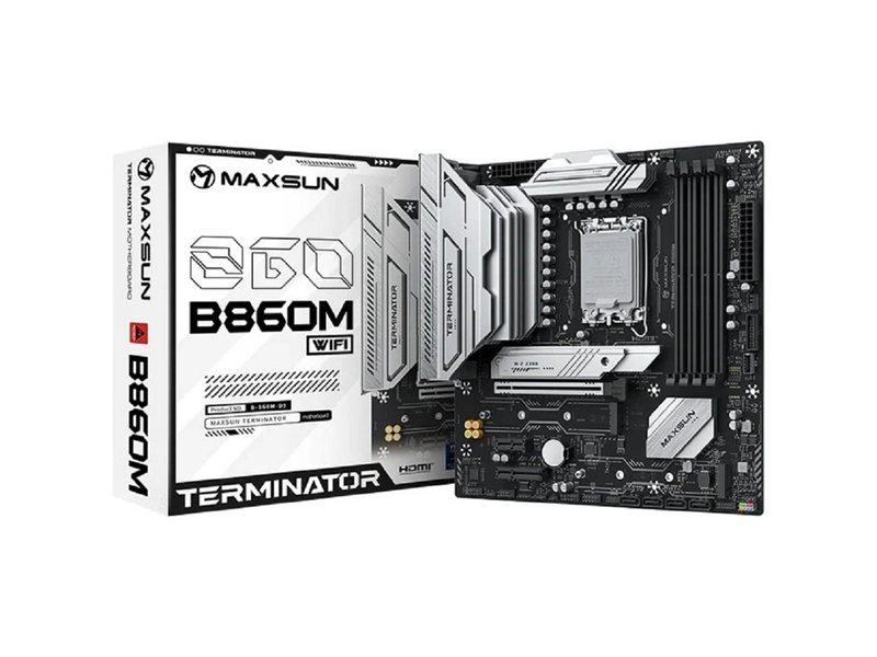 MAXSUN MS-Terminator B860M WIFI (Socket 1851, mATX, 4*DDR5(128Gb), DP/HDMI, 4*SATA3, 3*M.2, 1*PCIEx16/1*PCIEx4/1*PCIEx1, 1*Type-C,  4*USB2.0, 2*USB 3.2, LAN 1*2.5G, BT,  Wi-Fi6,  RTL)