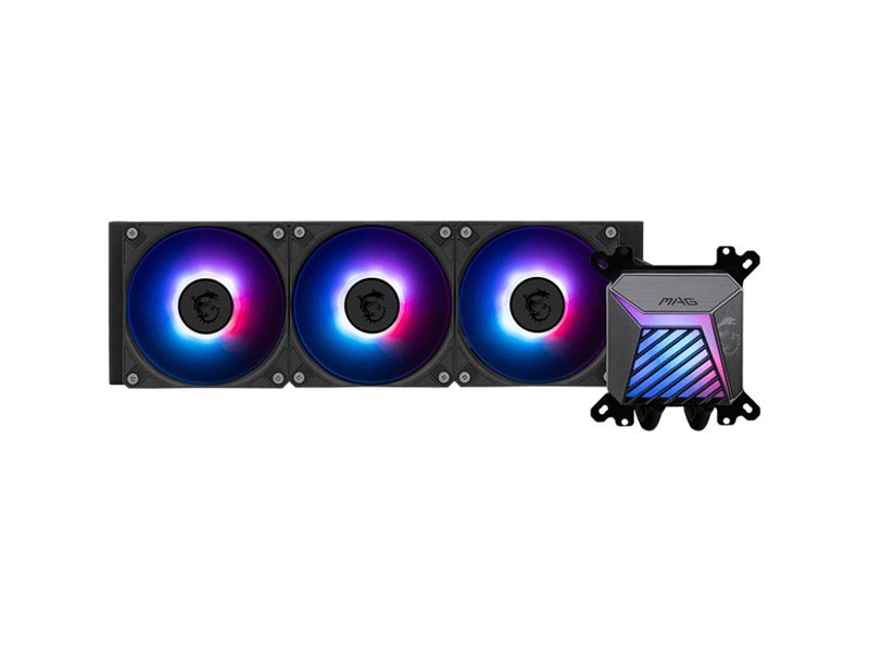 Система жидкостного охлаждения/ Water Cooling System MSI MAG CORELIQUID A15 360 (300W, 360mm, Black, ARGB/ Fans: 3x120mm, 64.89CFM, 28.7dBA, 2050RPM/ Pump 20dBA, 3400RPM, Rad thickness 27mm/ S: 1851, 1700, AM5, AM4)