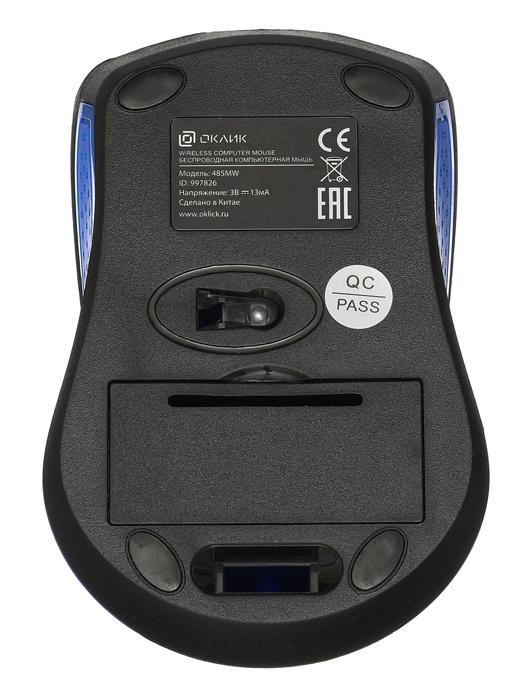 Мышь Оклик 485MW черный/синий оптическая 1200dpi беспров. USB для ноутбука 3but (997826)