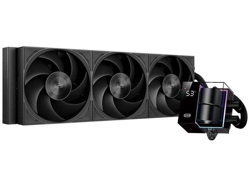 Система охлаждения/ Water Cooling System PCCooler DS360 ARGB Display BK (310W, 360mm, LED, Black, ARGB/ Fans: 3x120mm, 90.56CFM, 39.8dBA, 2500RPM/ Pump height 65mm, 15dBA, 2600RPM, Rad thickness 27mm/ S: 1851, 1700, 1200, 115X, AM5, AM4)