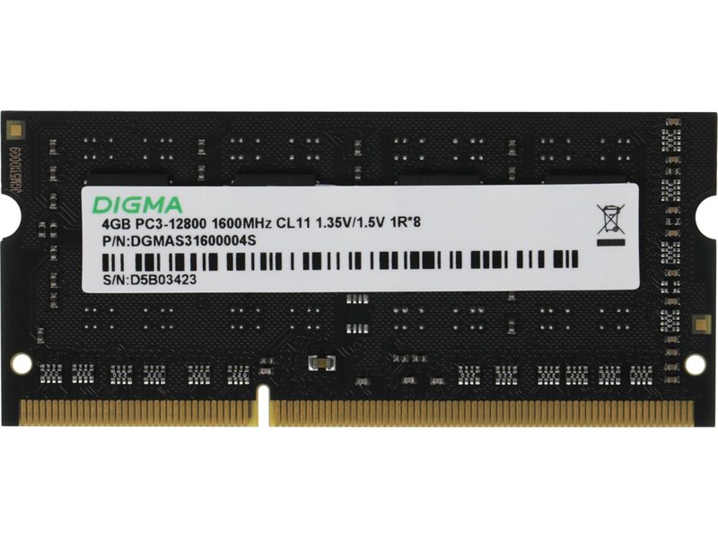 Память DDR3 4GB 1600MHz Digma DGMAS31600004S RTL PC3-12800 CL11 SO-DIMM 204-pin 1.35В single rank Ret