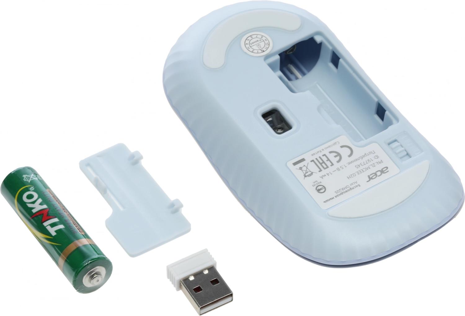 Мышь Acer OMR205 белый/голубой оптическая 1200dpi беспров. USB для ноутбука 3but (ZL.MCEEE.02H)