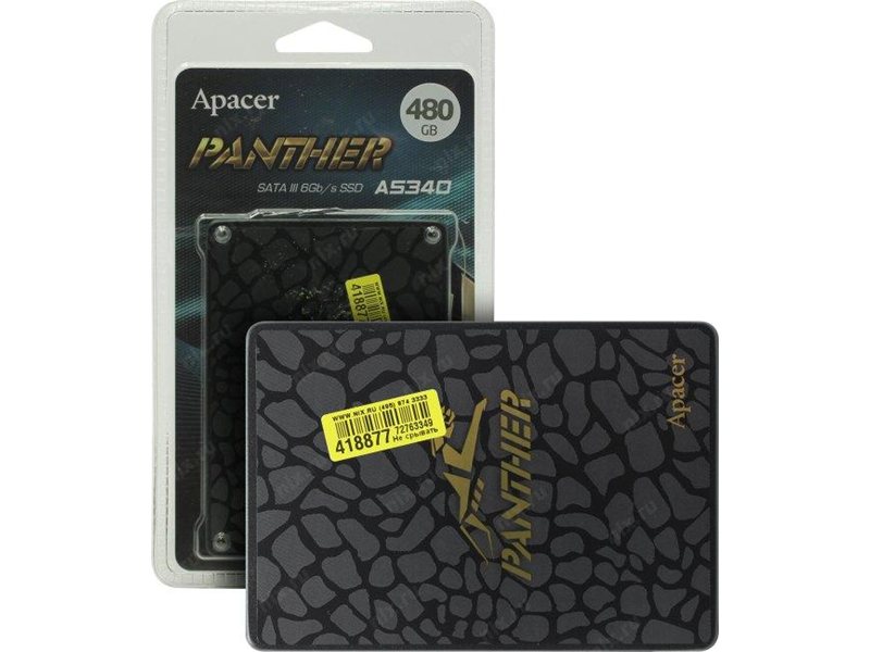 Твердотельный накопитель Apacer SSD PANTHER AS340 480Gb SATA 2.5" 7mm, R550/W520 Mb/s, 3D TLC, IOPS 96/30K, MTBF 1,5M, 280TBW, Retail, 3 years (AP480GAS340G-1)