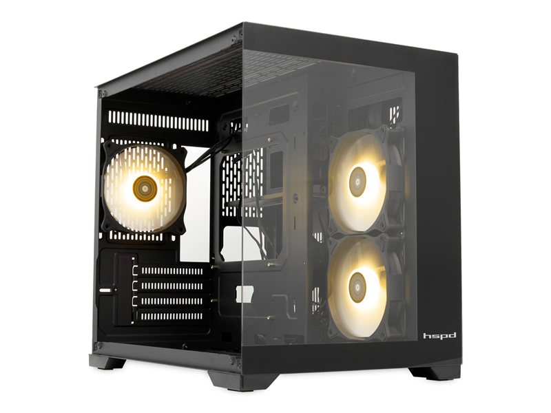 Корпус без блока питания/ Case HSPD F330, Panoramic Mini-tower, Black, TG, 0.5 SPCC, 3x120mm ARGB (FN027) mATX, mITX 160/400/200mm 1x2.5", 2x3.5", 4xPCI 1xUSB-C 3.0, 2xUSB-A1.0 428x280x375mm