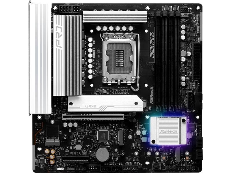 Материнская плата ASROCK B860M PRO RS, LGA1851, B860, 4*DDR5, 4*SATA, 4*M.2, 6*USB 3.2, 2*USB 2.0, Type-C, 2*PCIx16, 1*M.2 (Key E), HDMI+DP, mATX