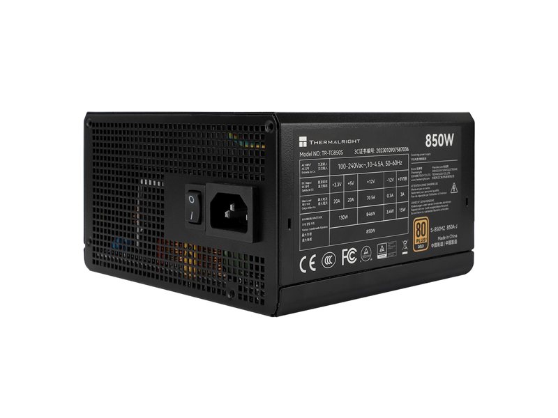 Блок питания ПК/ Power Supply Thermalright, 850W 80+ Gold (ATX, 3.0, PCIe 5.0, Non-modular, 1x24(20+4)pin, 1xCPU 8(4+4)pin, 2xPCIe*2 8(6+2)pin, 5xSATA3, 1x12+4pin (12VHPWR PCIe 5.0 12+4pin 600mm), 3xMOLEX4pin, Active, 120x120mm, 150x140x86mm, APFC, black)