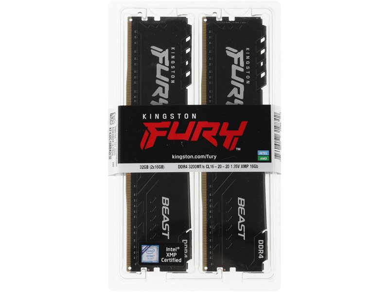 Память DDR4 2x16GB 3200MHz Kingston KF432C16BBK2/32 Fury Beast Black RTL Gaming PC4-25600 CL16 DIMM UDIMM 288-pin 1.35В single rank с радиатором Ret