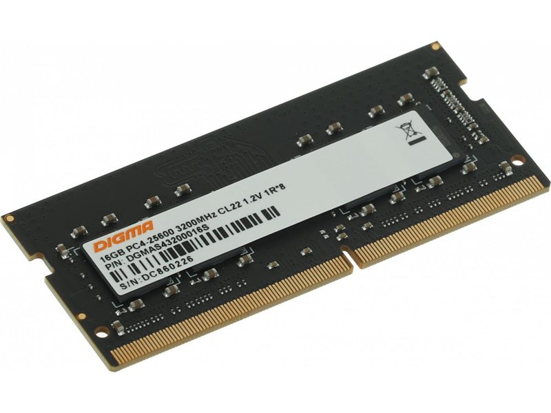 Digma DDR4 SODIMM 16Gb 3200MHz DGMAS43200016S RTL PC4-25600 CL22 260-pin 1.2В single rank