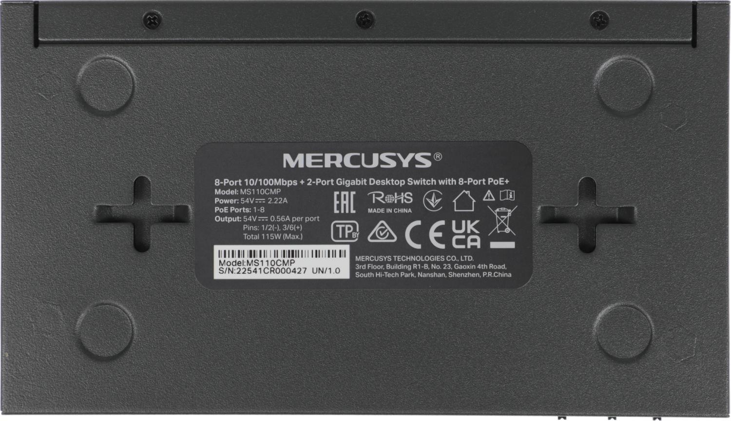Коммутатор Mercusys MS110CMP (L2) 8x100Мбит/с 2x1Гбит/с 8PoE+ 115W неуправляемый
