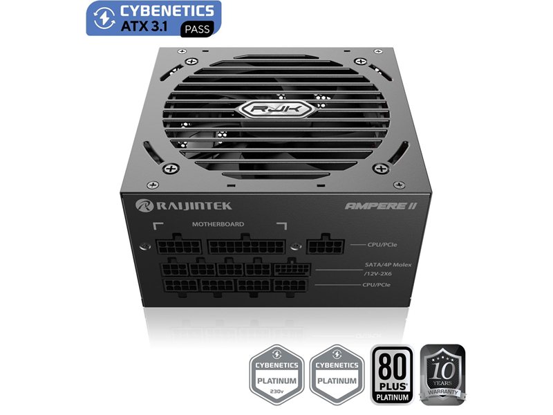 Блоки питания/ Power Supply Raijintek AMPERE II 1200, 1200W 80+ Platinum (ATX, 3.1, PCIe 5.1, Full-modular, 1x24(20+4)pin, 2x4+4-pin CPU, 3x6+2-pin PCIe, 1x12V(2x6), 10xSATA3, 5xMolex, Active, 120x120mm, 150x140x86mm, APFC, black)