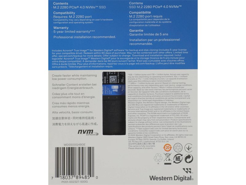 Твердотельный накопитель Western Digital Blue SN5000 SSD M2.2280 PCIe 4.0 500Gb, 5000MBs/4000MBs, TBW 300, WDS500G4B0E, 1 year