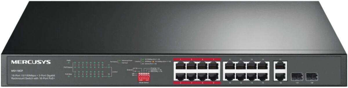 Коммутатор Mercusys MS118CP (L2) 16x100Мбит/с 2x1Гбит/с 2xКомбо(1000BASE-T/SFP) 16PoE+ 190W неуправляемый