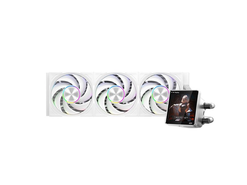 Система охлаждения/ Water Cooling System PCCooler DT360 ARGB Display WH (300W, 360mm, LED temp., White, ARGB/ Fans: 3x120mm, 83.83CFM, 3000RPM/ Pump height 62mm, 15dBA, 2600RPM, Rad thickness 27mm/ S: 1851, 1700, 1200, 115X, AM5, AM4)