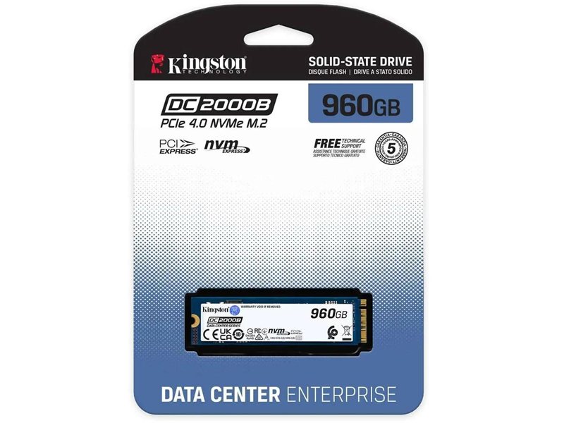 Твердотельный накопитель/ Kingston SSD DC2000B 960GB, M.2 22x80mm, NVMe, PCIe Gen 4x4, 3D TLC, R/W 7000/1300MB/s, IOPs 540 000/47 000, TBW 700, DWPD 0.4 (12 мес)