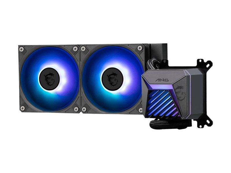 Система жидкостного охлаждения/ Water Cooling System MSI MAG CORELIQUID A15 240 (240W, 240mm, Black, ARGB/ Fans: 2x120mm, 64.89CFM, 28.7dBA, 2050RPM/ Pump 20dBA, 3400RPM, Rad thickness 27mm/ S: 1851, 1700, AM5, AM4)