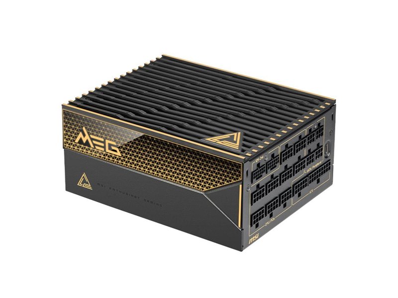Блок питания ПК/ Power Supply MSI MEG Ai1600T PCIE5, 1600W 80+ Titanium (ATX, 3.1, PCIe 5.1, Full modular, 1x24(20+4)pin, 2xCPU 8(4+4)pin, 9xPCIe(6+2)pin, 2x12V(2x6), 8xSATA3, 8xMOLEX4pin, Active, 135x135mm, 150x190x86mm, APFC, black)