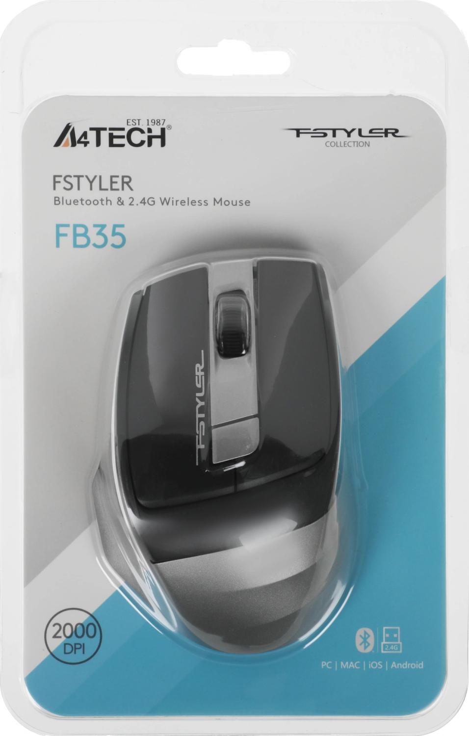 Мышь A4Tech Fstyler FB35 серый оптическая 2000dpi беспров. BT/Radio USB для ноутбука 6but (FB35 SMOKY GREY)