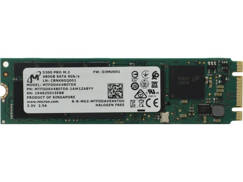 Твердотельный накопитель Micron 5300PRO 480GB SATA M.2(22x80mm) 3D TLC R540/W410MB/s MTTF 3М 85000/36000 IOPS 1324TBW SSD Enterprise Solid State Drive, 1 year, OEM