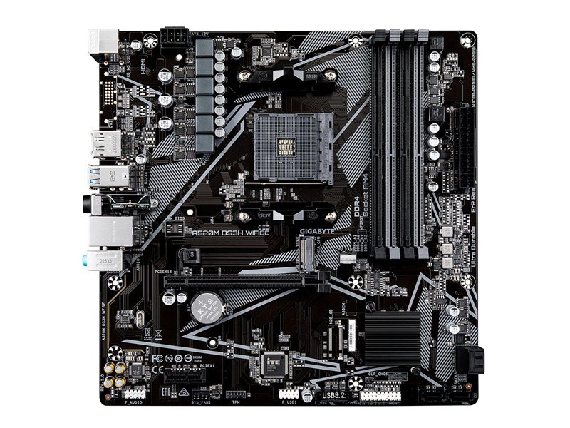 Материнская плата Gigabyte A520M DS3H WF6E A520, AM4, 4xDDR4, 1_PCI-Ex16,4_M.2, 6_USB3.2Gen1, 8_USB2.0, 4*SATA3.0, 1G, DP, HDMI, ATX, RTL