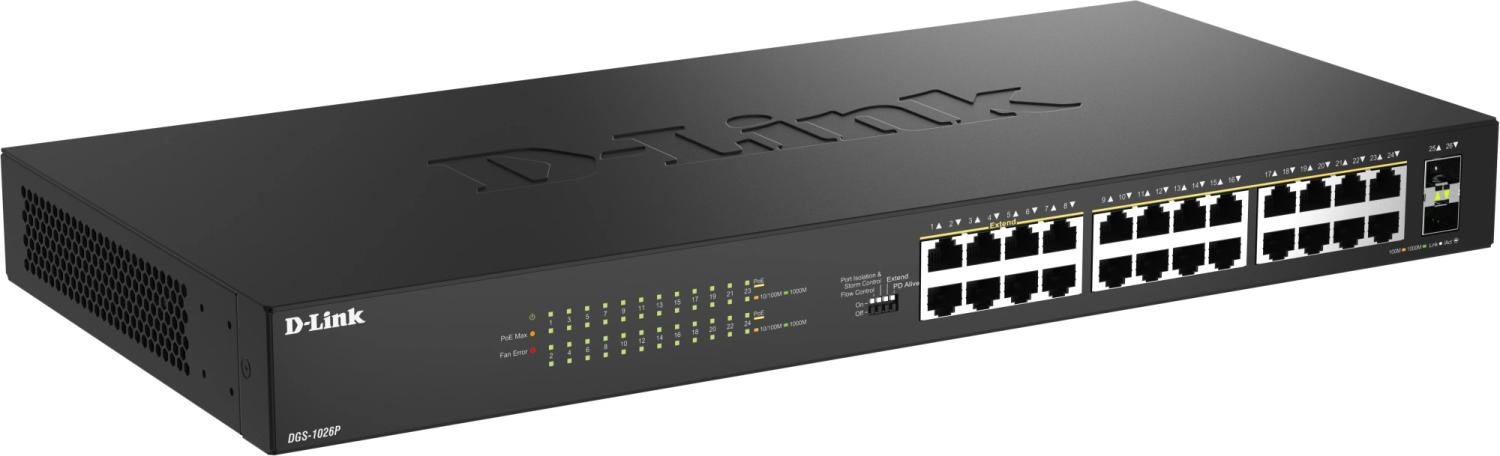 Коммутатор D-Link DGS-1026P DGS-1026P/A1A (L2) 24x1Гбит/с 2SFP 24PoE 240W неуправляемый
