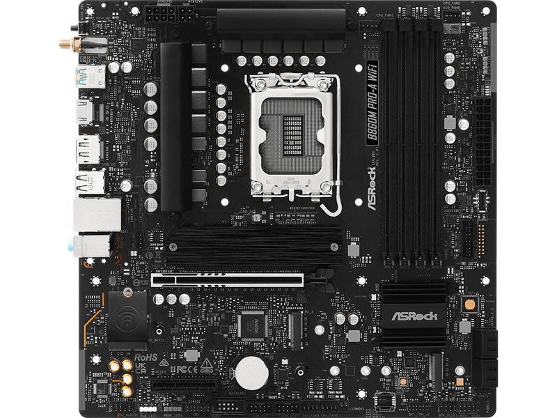 Материнская плата ASROCK B860M PRO-A WIFI, LGA1851, B860, 4*DDR5, 4*SATA, 4*M.2, 6*USB 3.2, 2*USB 2.0, Type-C, 2*PCIx16, 1*M.2 (Key E), HDMI+DP, mATX