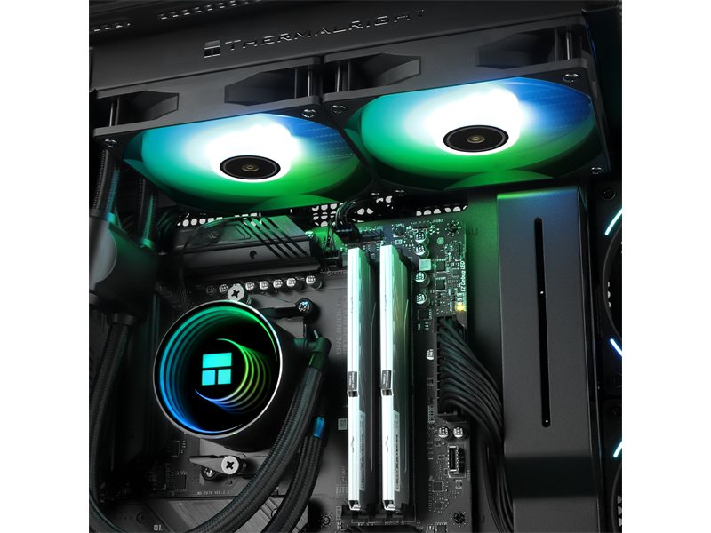 Водяное охлаждение для процессора/ Water Cooling System Thermalright Frozen Notte 240 Black Argb V2 (240mm, Black, ARGB/ Fans: 2x120mm, 72.37CFM, 27.7dBA, 2000RPM/ Pump height 54mm, 28dBA, 5300RPM, Rad thickness 27mm/ S: 1200, 1700, 1851, 2011, 2066, 115X