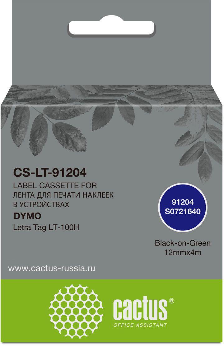 Картридж ленточный Cactus CS-LT-91204 91204 черный на зеленом 12x4 для Dymo Letra Tag LT-100H без чипа